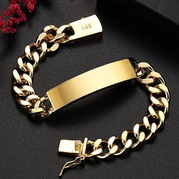 Awesome Men's Large I.D Style Bracelet Stamped 18k Gold